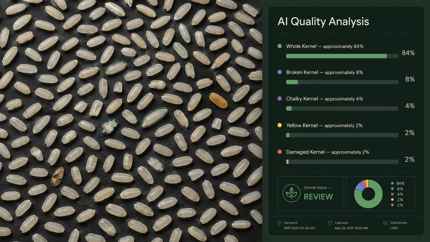 Rice kernels analyzed by GrainSight's AI, with a quality breakdown panel showing whole, broken, chalky, yellow, and damaged kernel percentages