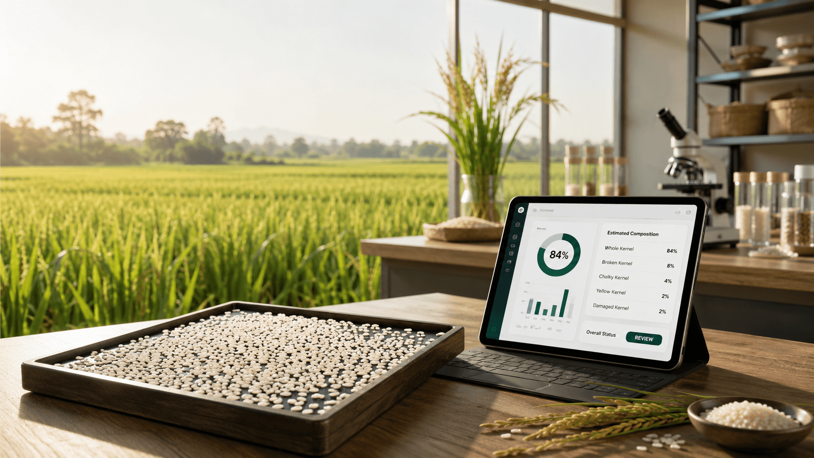 A rice sample tray and tablet showing GrainSight's estimated kernel composition, with a rice paddy field in the background