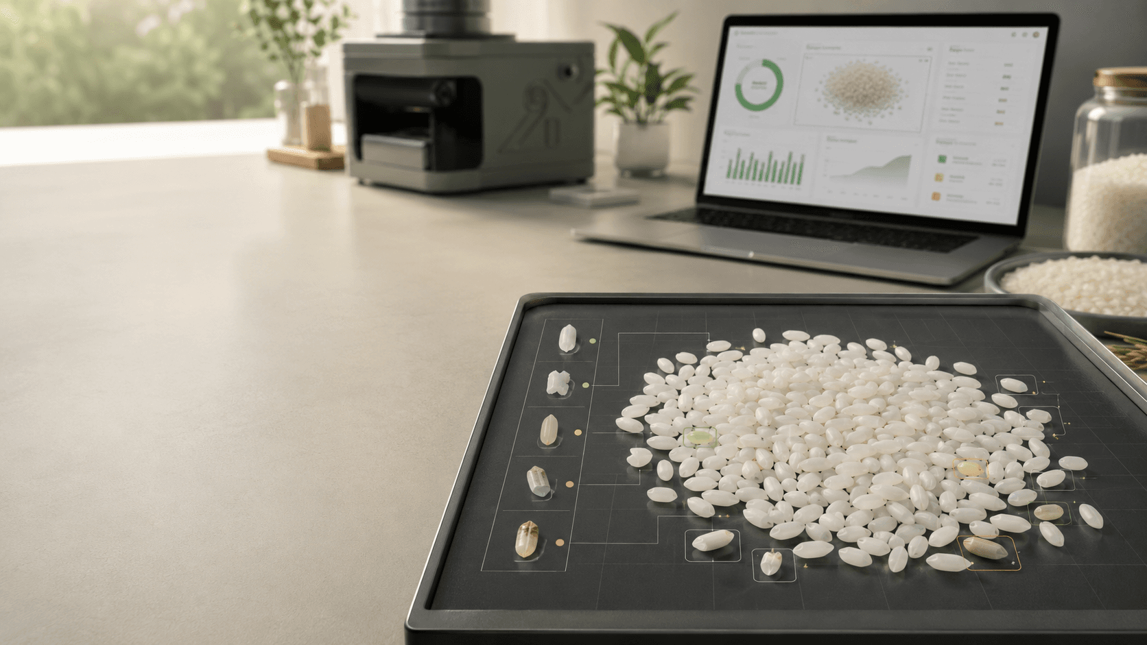 GrainSight analyzing a rice sample on a smart scanning tray, with quality results on a laptop dashboard